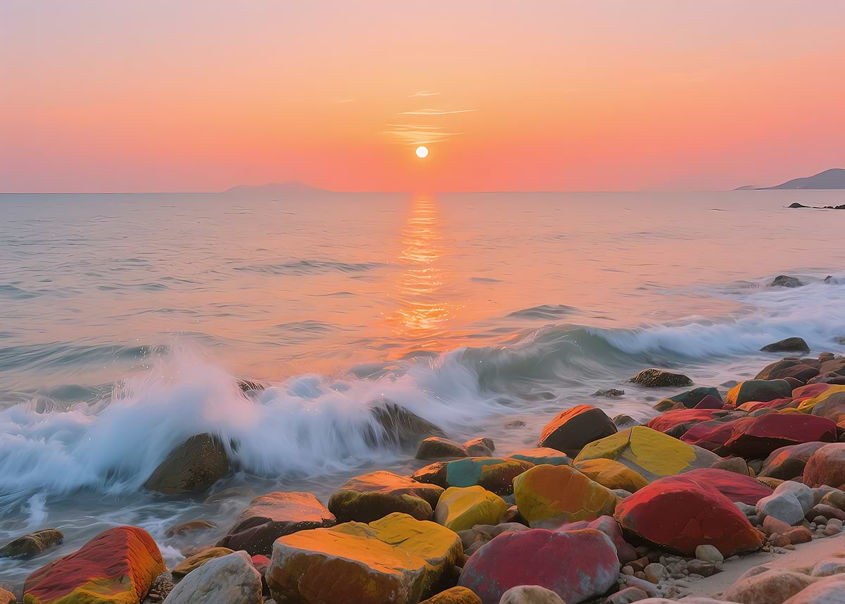 'Colorful Rocks at Sunset Beach' Poster, picture, metal print, paint by ...