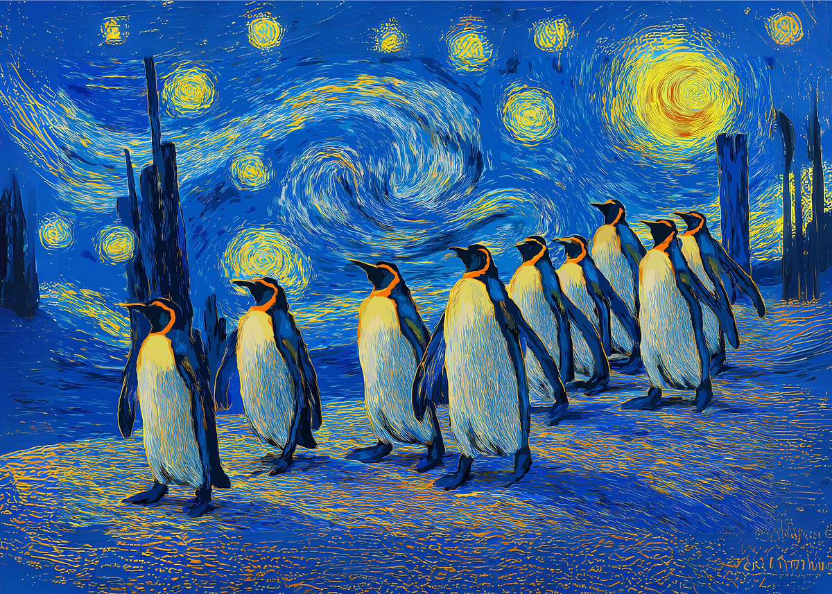 Penguins in Starry Night Style' Poster, picture, metal print