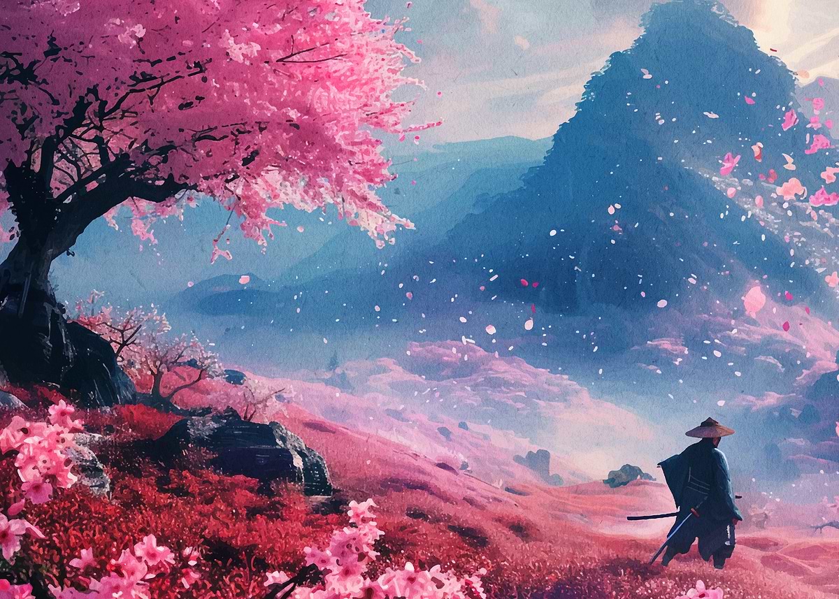 Samurai in Cherry Blossom Landscape' Poster, picture, metal print