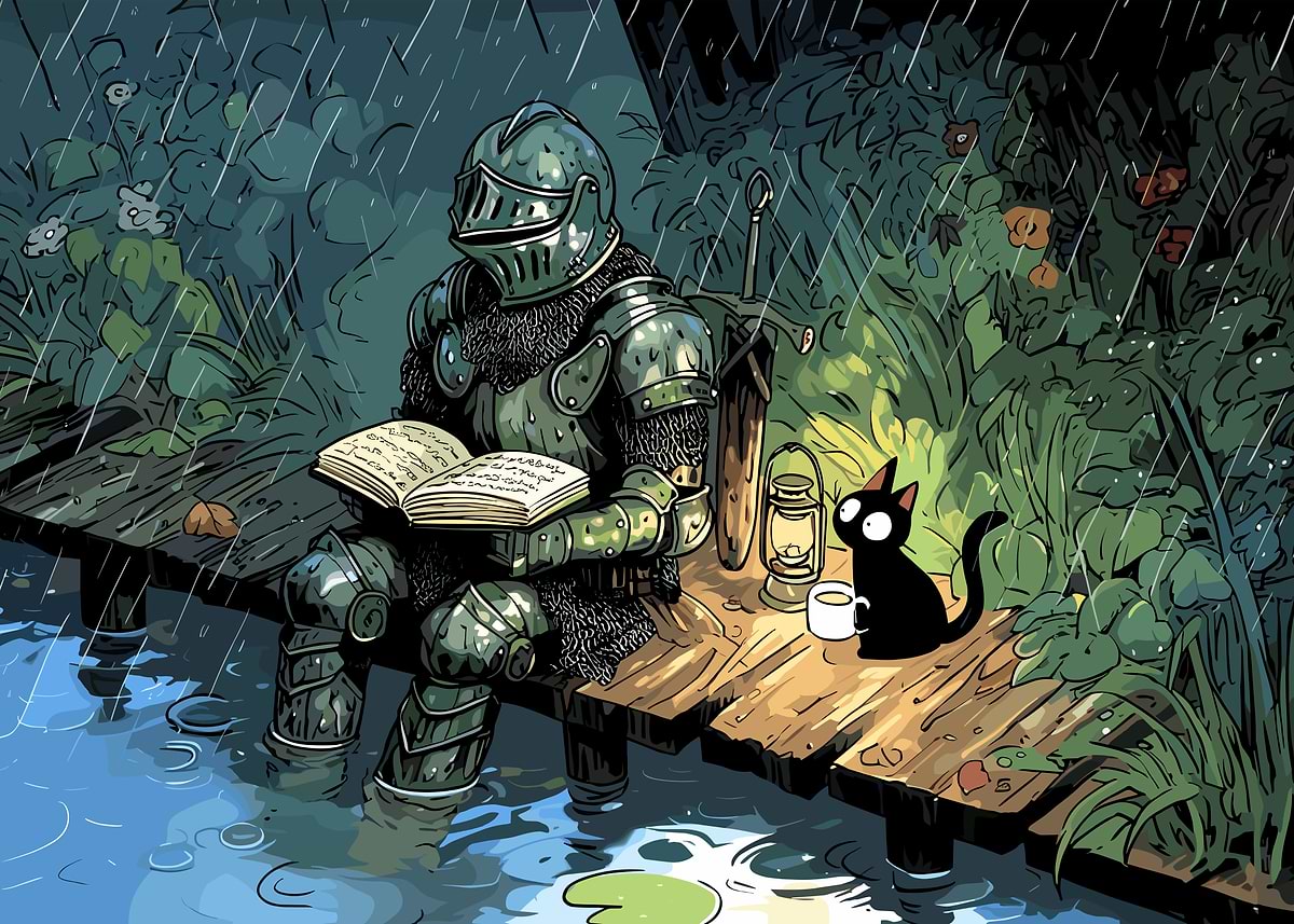 Knight Reading with Cat in Rain' Poster, picture, metal print
