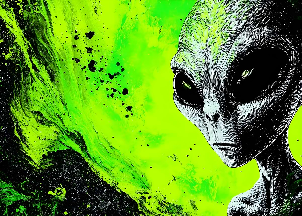 'Alien Portrait with Green Abstract Background' Poster, picture, metal ...