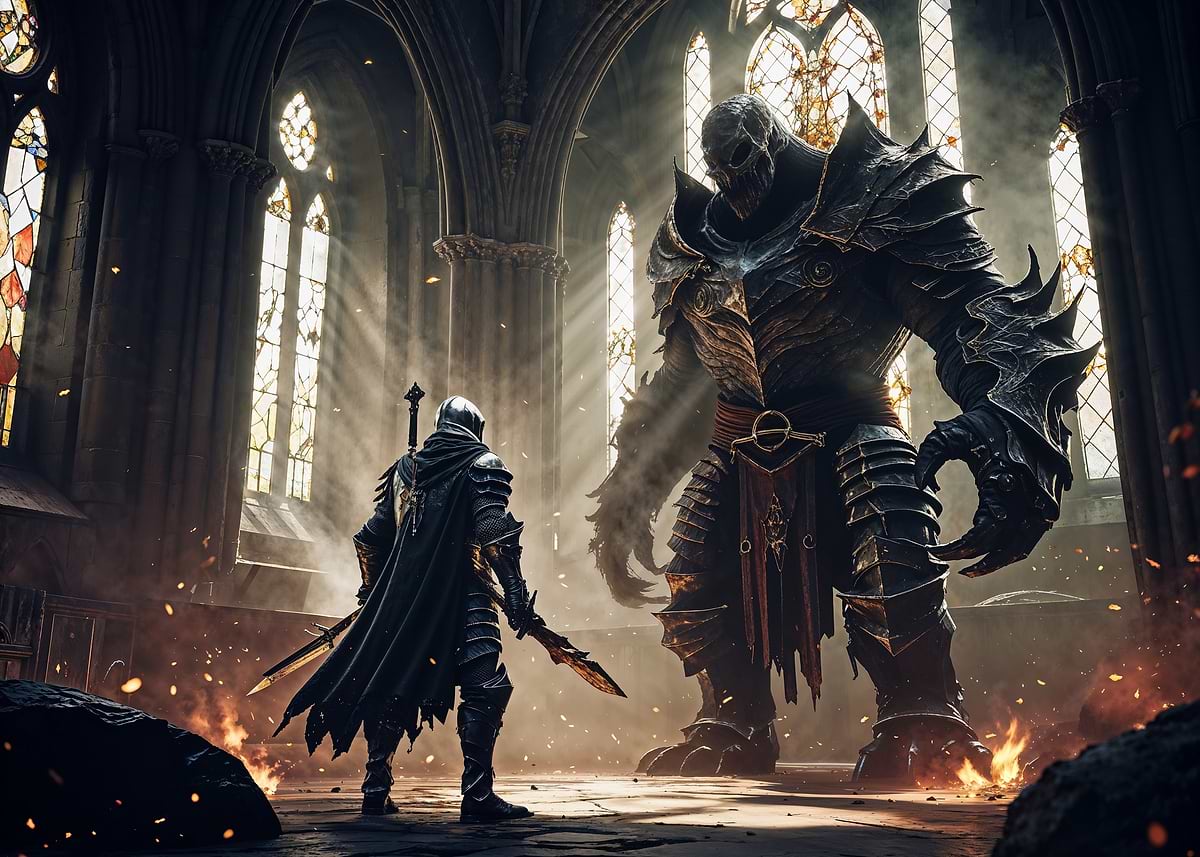 'Knight vs Giant in Cathedral' Poster, picture, metal print, paint by ...