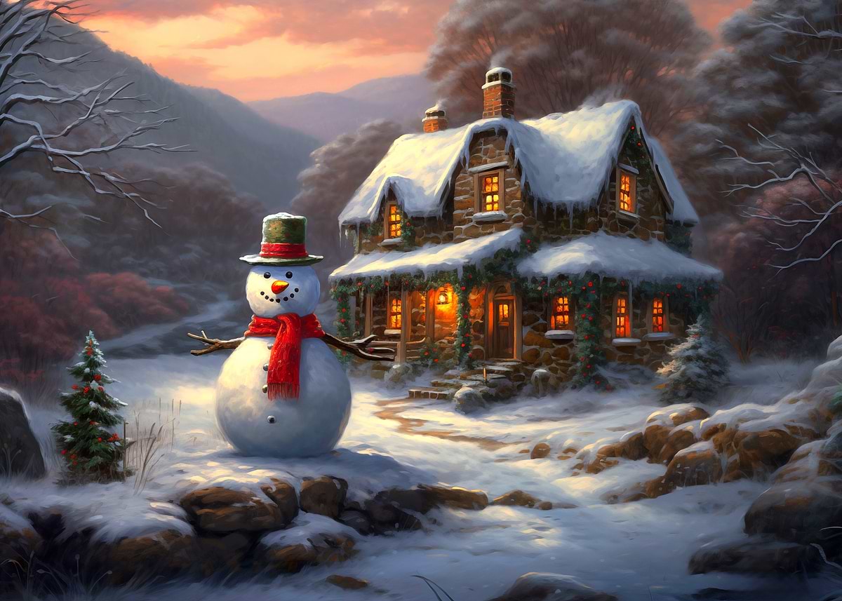 'Snowman and Cottage Winter Scene' Poster, picture, metal print, paint ...