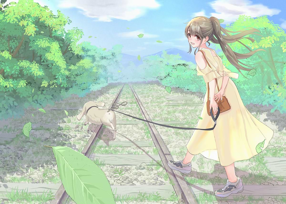 'Anime Girl Walking Dog on Railroad' Poster, picture, metal print ...