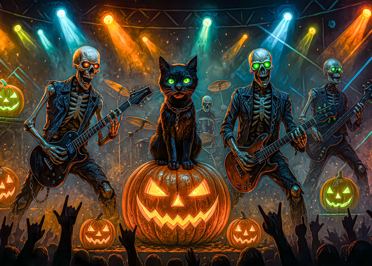 'Halloween Rock Concert with Skeletons and Cat' Poster, picture, metal ...