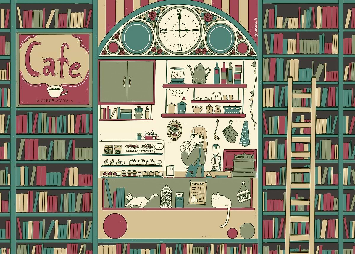 Library Cafe Graphics 'Library Cafe Illustration' Poster, picture, metal print, paint by SNIP ...