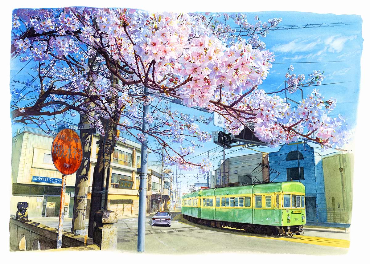 'Japanese Street Scene with Cherry Blossoms' Poster, picture, metal ...
