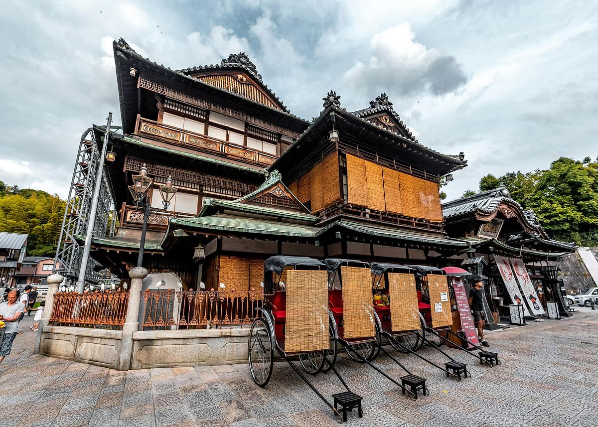 Japanese Buildin 'Traditional Japanese Building with Rickshaws' Poster, picture, metal ...