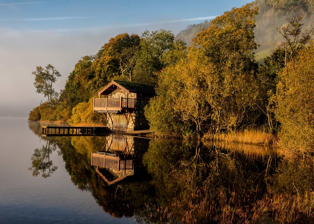 'Lake House Reflection in Autumn' Poster, picture, metal print, paint ...