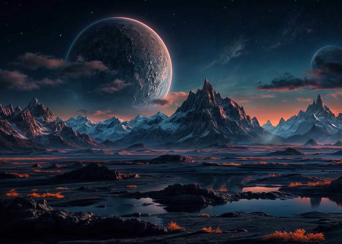 'Alien Planet Landscape with Mountains' Poster, picture, metal print ...