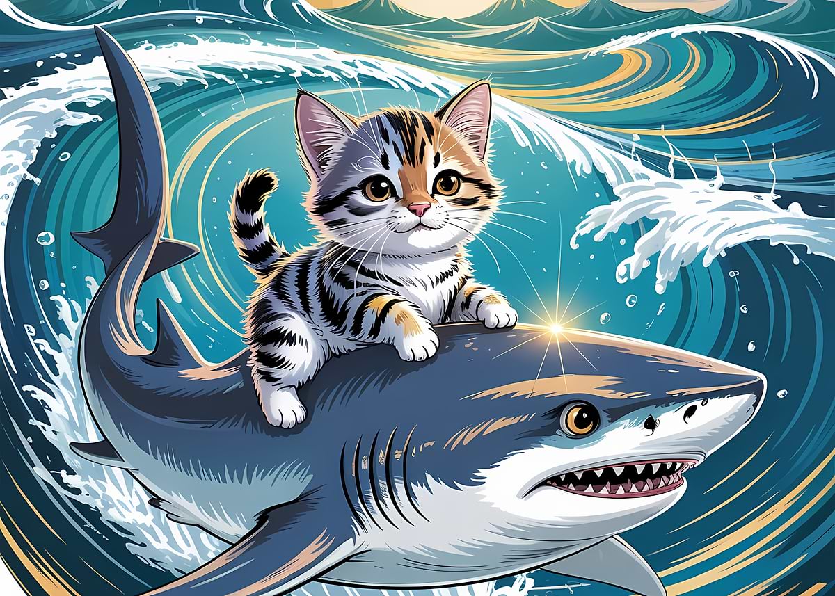 'Kitten riding a shark in the ocean' Poster, picture, metal print ...