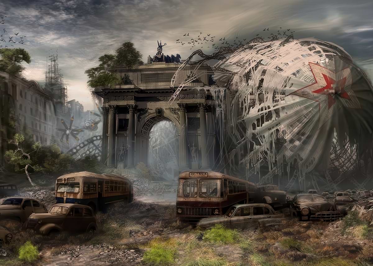'Post-Apocalyptic Cityscape with Airship Wreck' Poster, picture, metal ...