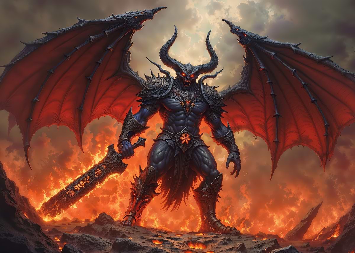 'Winged Demon Warrior with Fiery Sword' Poster, picture, metal print ...