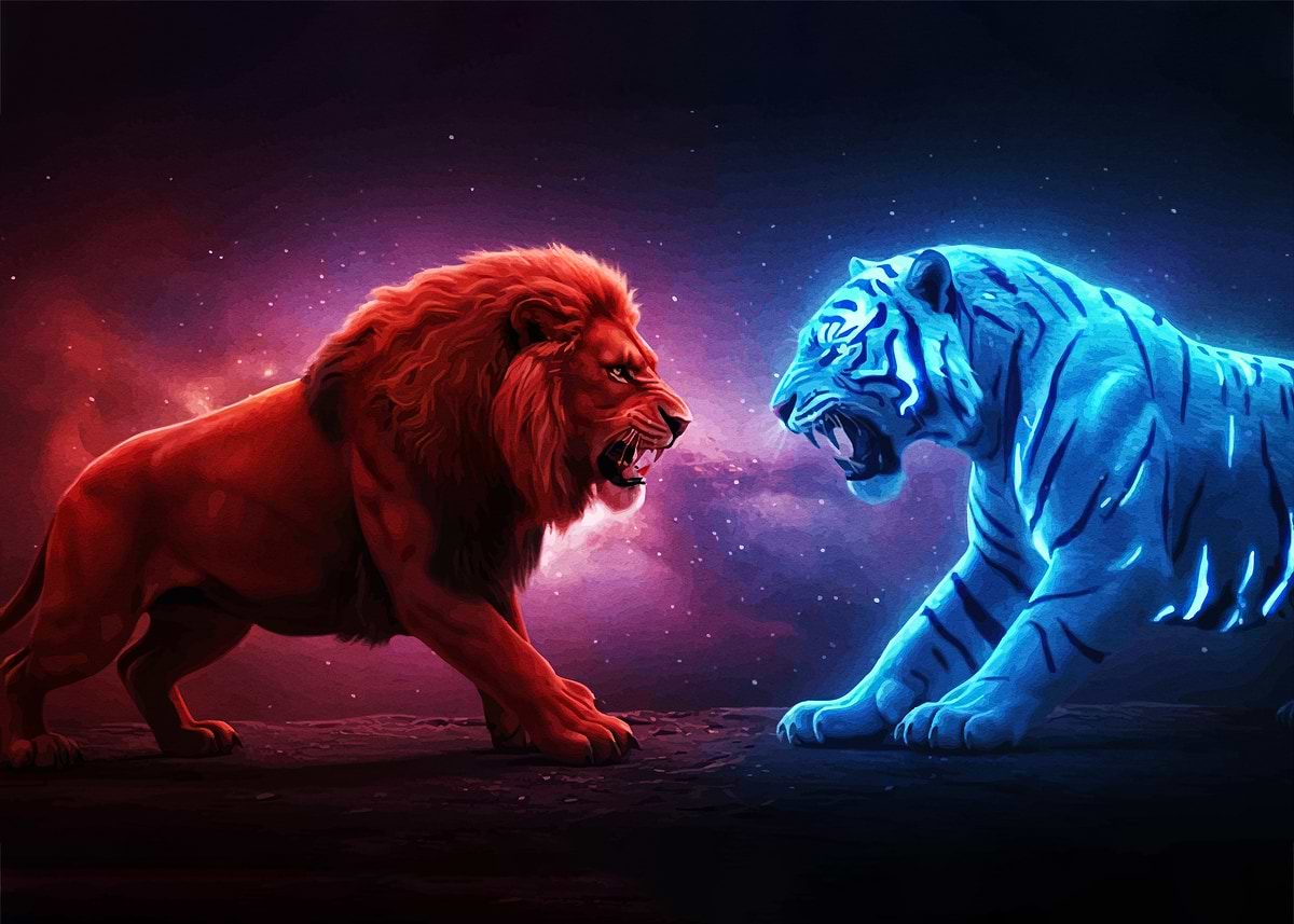 Lion vs Tiger: Fiery and Icy' Poster, picture, metal print, paint