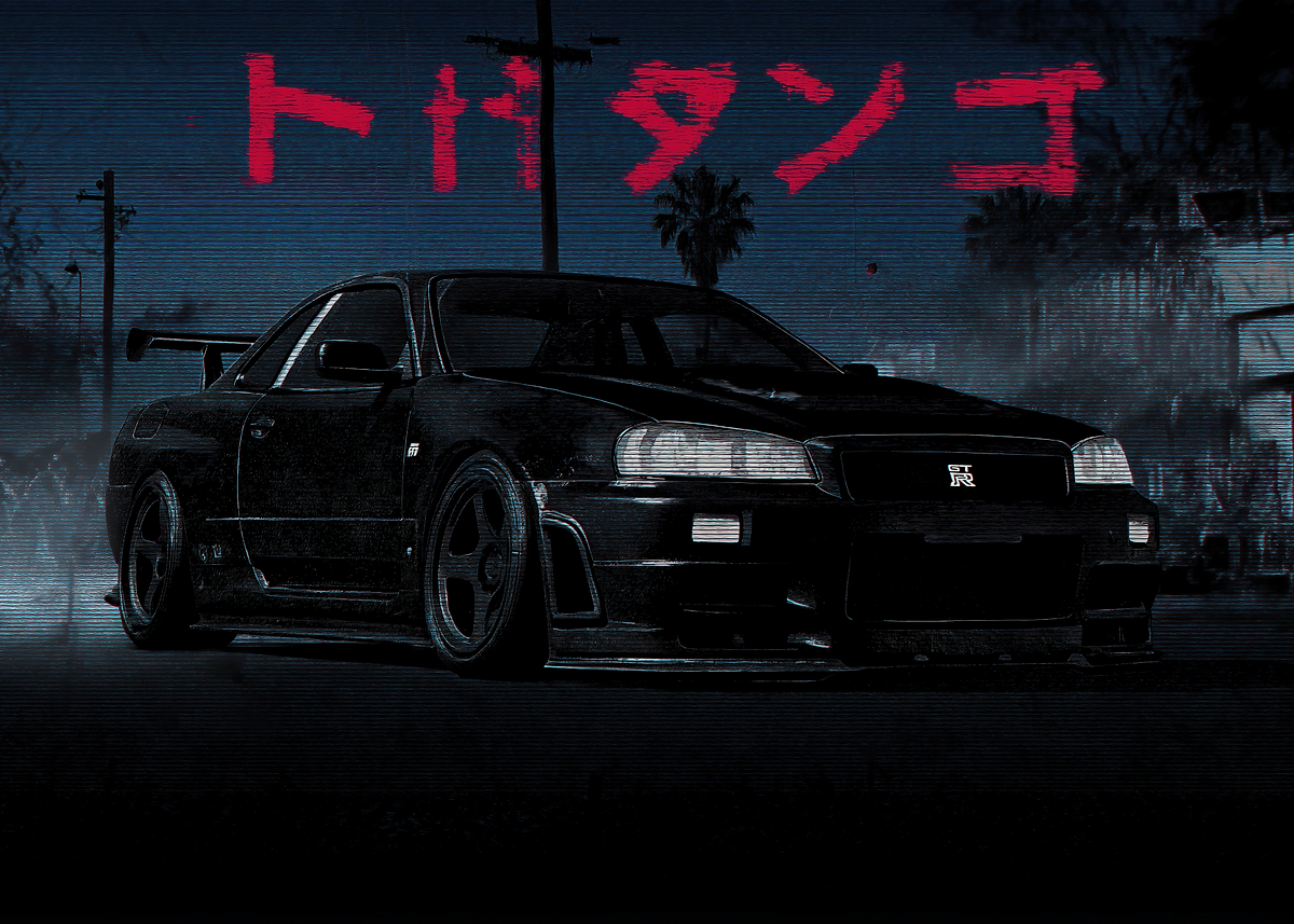 Black Nissan Skyline R34 at Night' Poster, picture, metal print