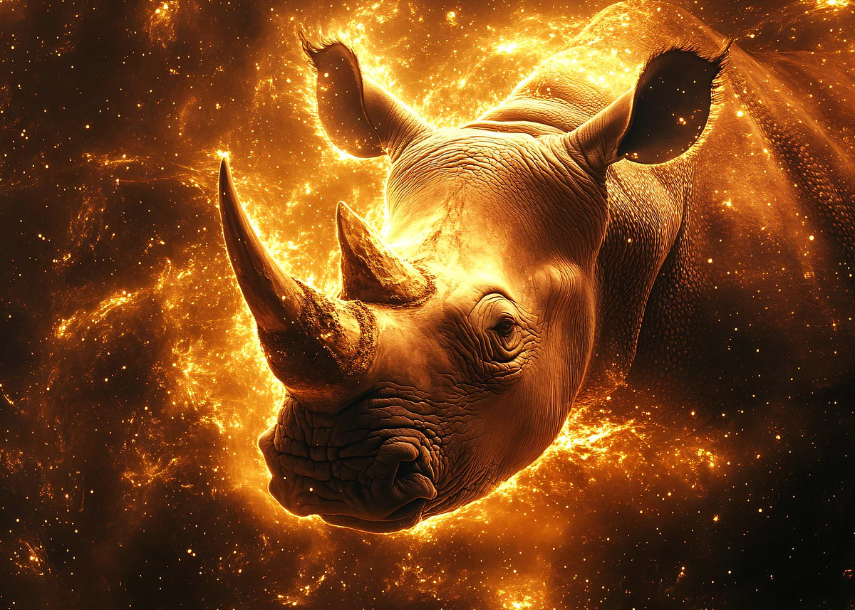 'Golden Rhino in Cosmic Dust' Poster, picture, metal print, paint by ...