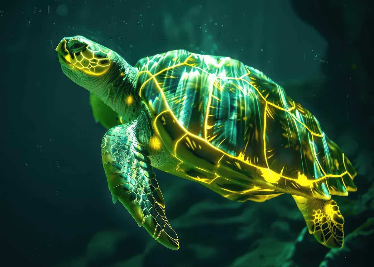 'Glowing Sea Turtle Underwater' Poster, picture, metal print, paint by ...