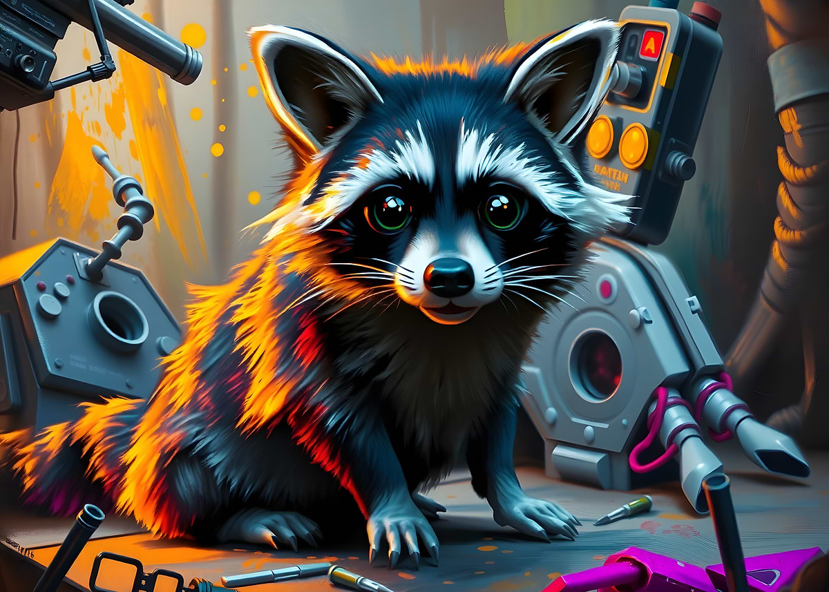 'Cute Raccoon with Robotic Equipment' Poster, picture, metal print ...