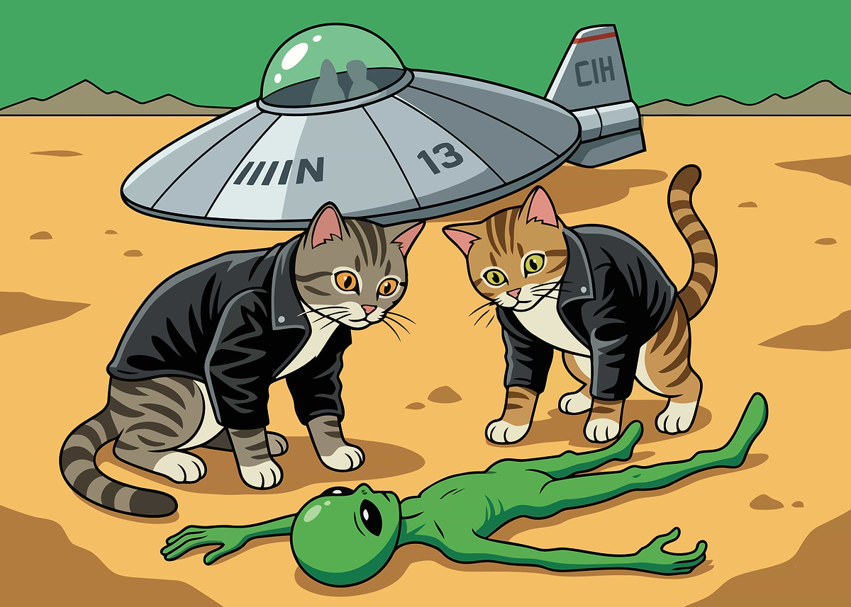 'Cats in Leather Jackets and Alien' Poster, picture, metal print, paint ...