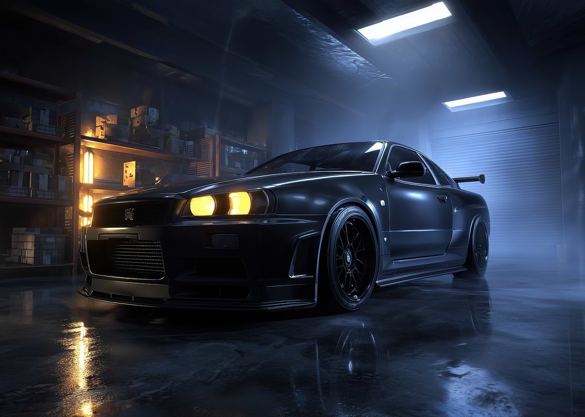 Gt R R34 Black Bg 'Black Nissan GTR R34' Poster, picture, metal print, paint by Ilyrin ...