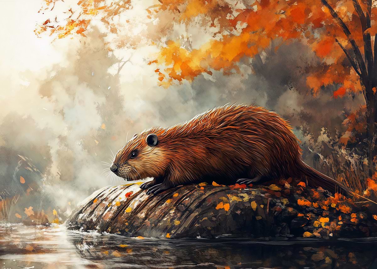 'Beaver on a Rock in Autumn' Poster, picture, metal print, paint by ...