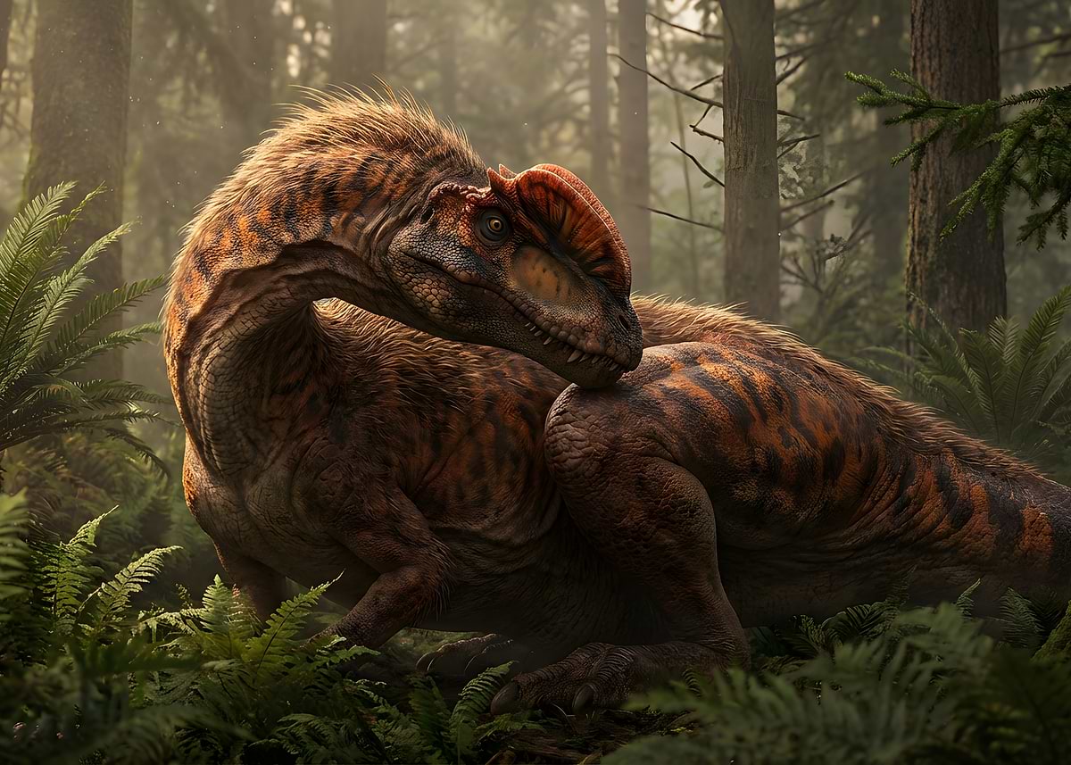 'Dilophosaurus in a Lush Forest' Poster, picture, metal print, paint by ...