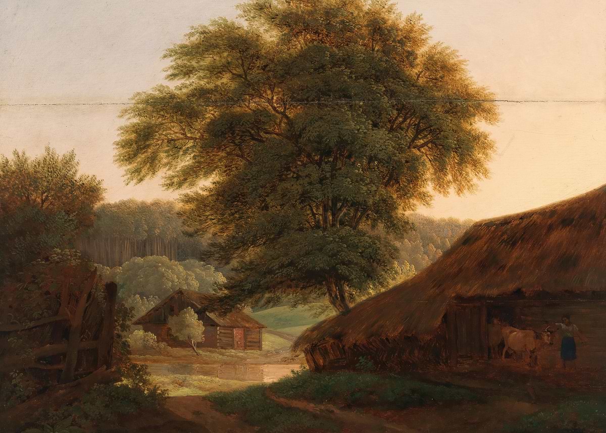 'Pastoral Farm Scene with Thatched Roof Barn' Poster, picture, metal ...