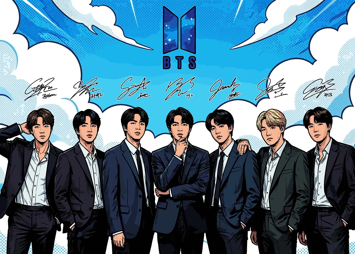 'BTS Group Illustration with Signatures' Poster, picture, metal print ...