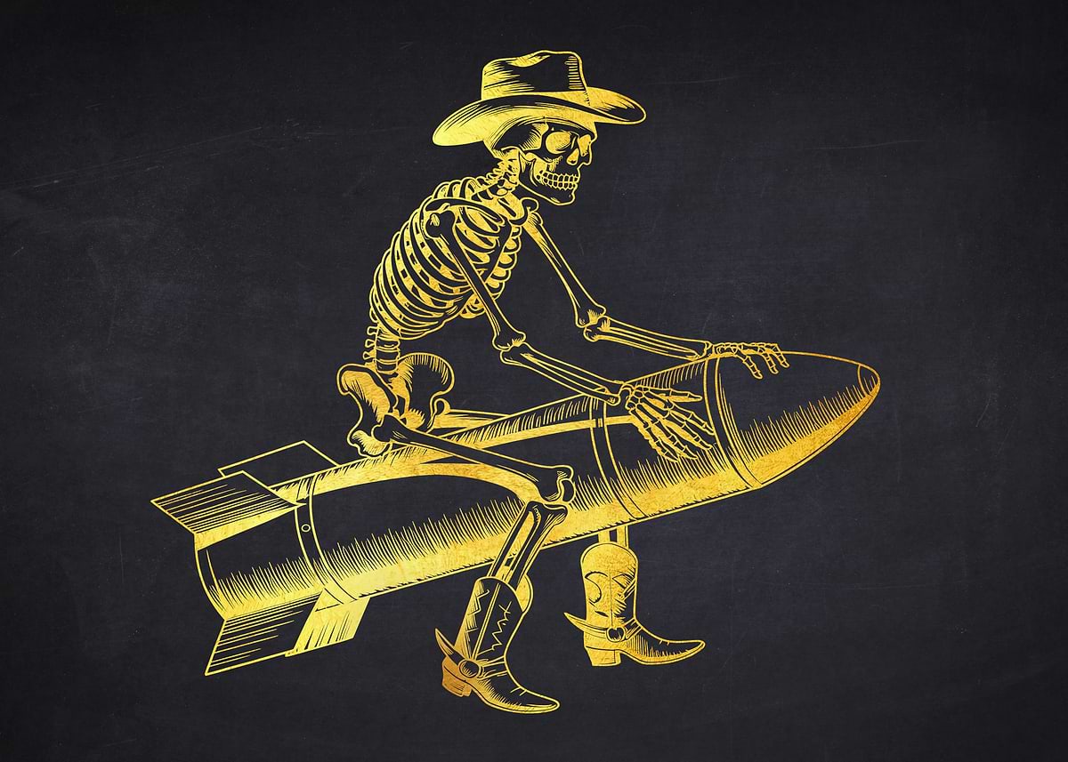 'Skeleton Cowboy Riding a Bomb' Poster, picture, metal print, paint by ...
