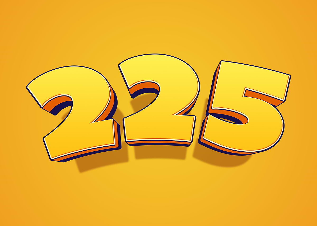 225 Letters 'Number 225 in 3D Yellow Font' Poster, picture, metal print, paint by ...