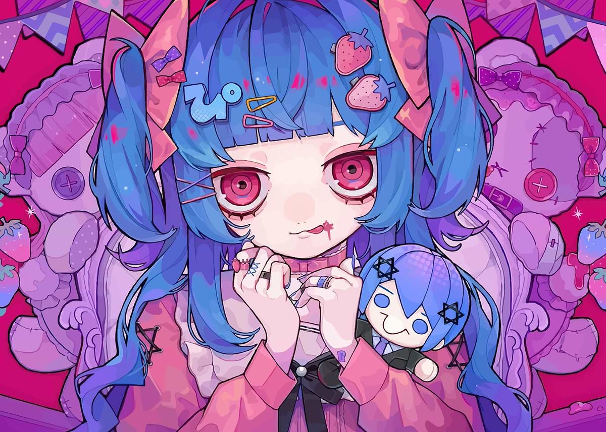 'Anime Girl with Blue Hair and Strawberry ' Poster, picture, metal ...