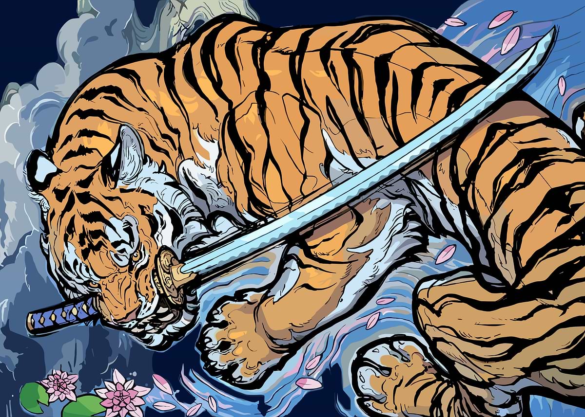 Fanth 'Tiger with Katana and Water Lilies' Poster, picture, metal print ...