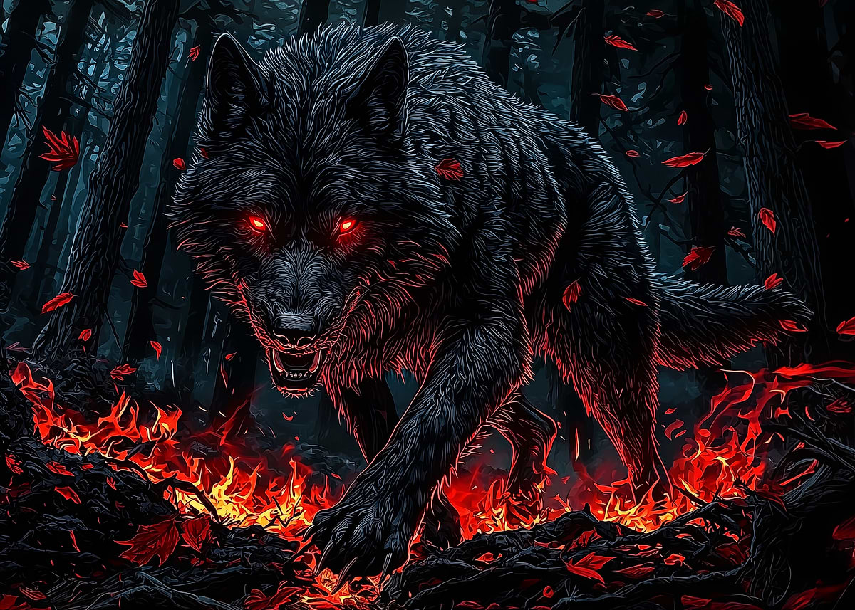 'Black Wolf with Glowing Red Eyes in Fiery Forest' Poster, picture ...