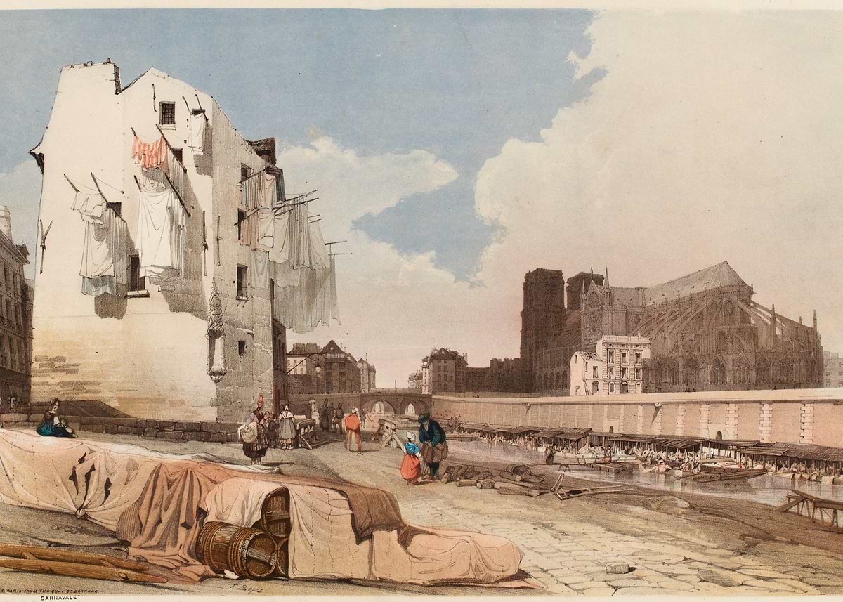 'Parisian Riverside Scene with Notre Dame' Poster, picture, metal print ...