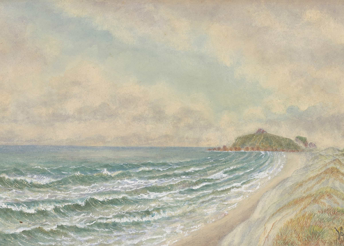 'Coastal landscape with rolling waves and a distant island' Poster ...