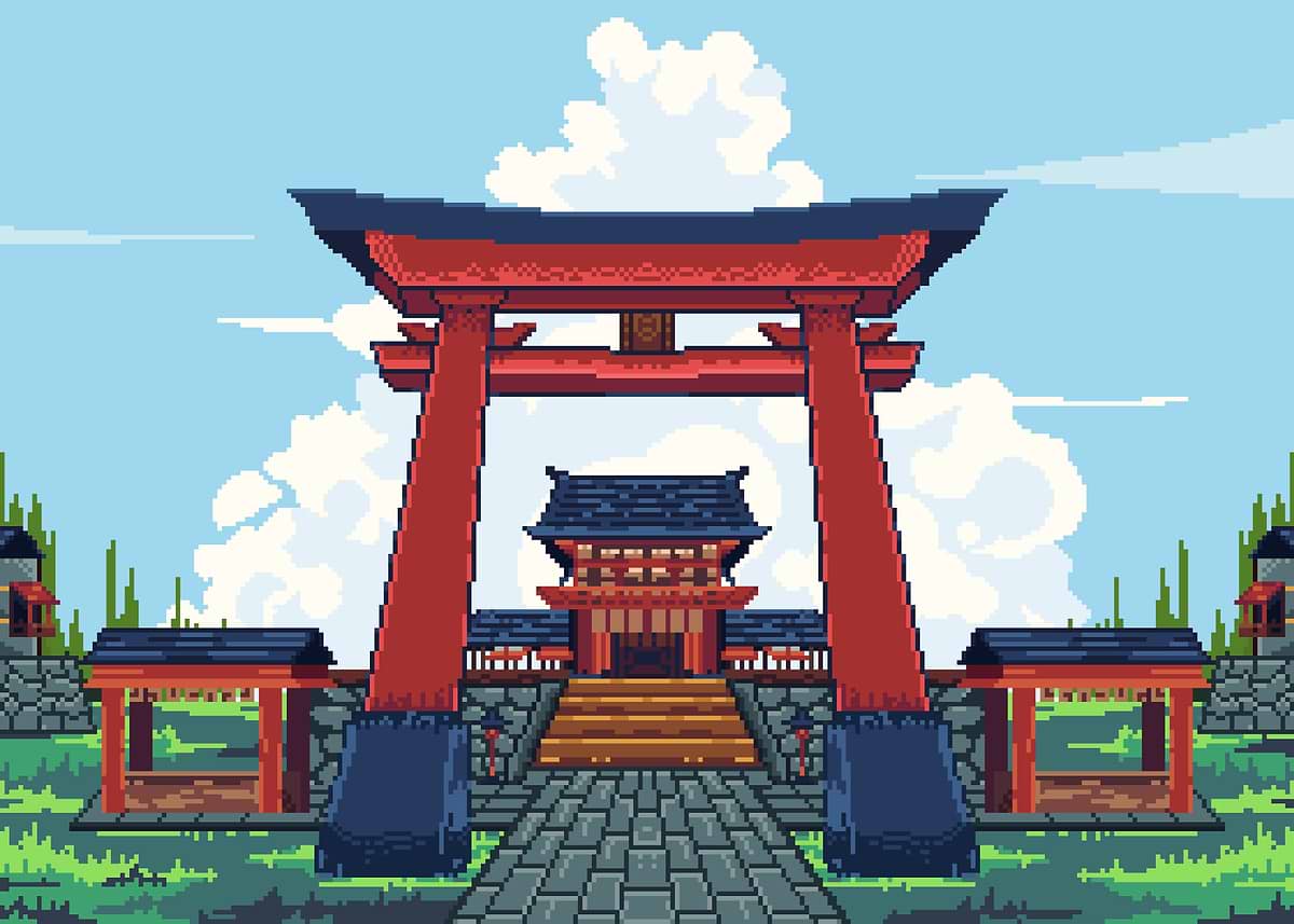 Pixel Art Japanese Shrine Entrance' Poster, picture, metal print