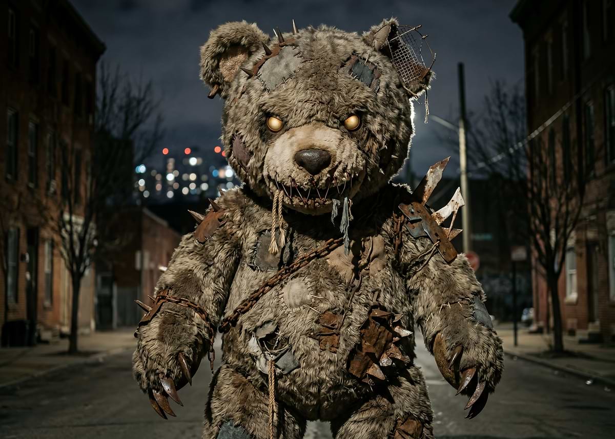 Scary Teddy Bear in City Street' Poster, picture, metal print