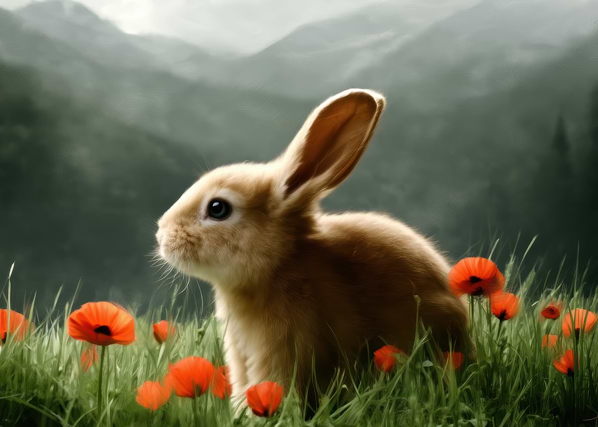 'Cute Rabbit in a Poppy Field' Poster, picture, metal print, paint by ...