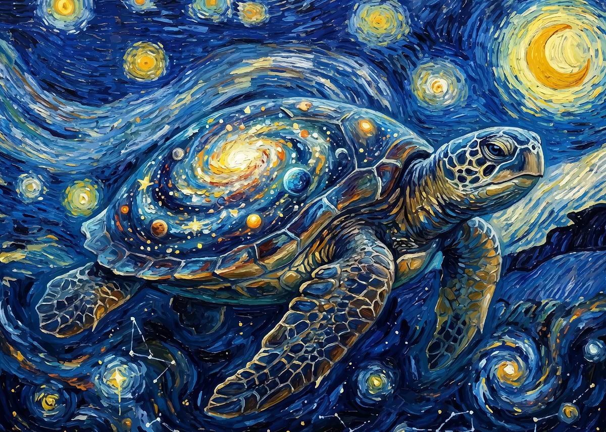 'Cosmic Turtle in Starry Night Style' Poster, picture, metal print ...