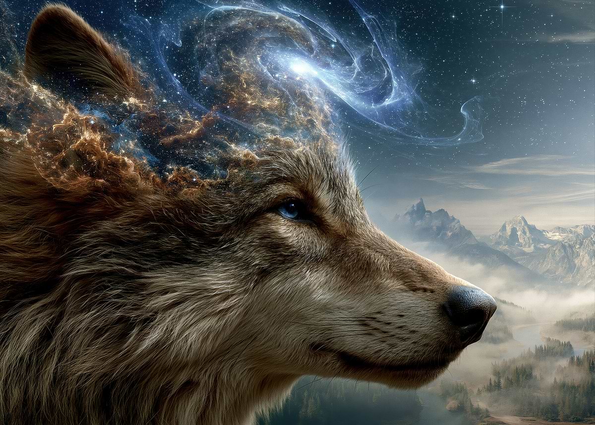 Cosmic Wolf in Mountain Landscape' Poster, picture, metal print