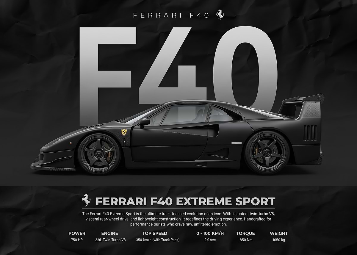 sleek black Ferrari F40 Extreme Sport car poster' Poster, picture