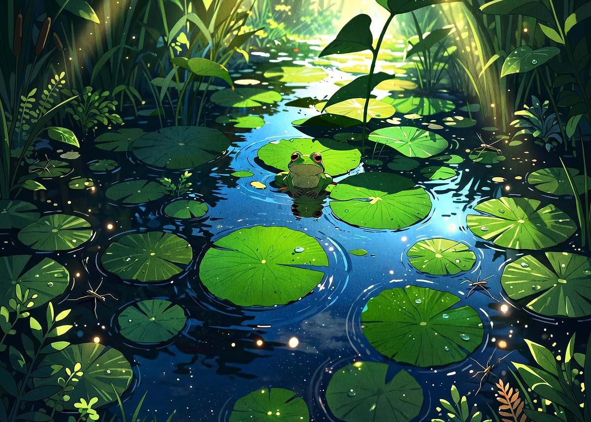 Frog on Lily Pad in Pond' Poster, picture, metal print, paint by