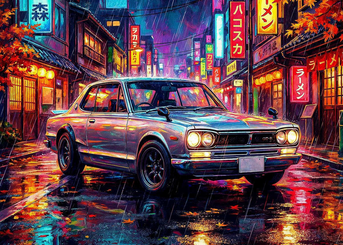 Retro 1971 Nissan Skyline 2000GT-R Hakosuka JDM Legend Neon Rain