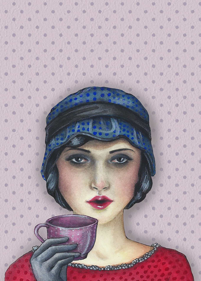 Mixed Medium- A woman dressed in 20's - 30's fashion, e ...