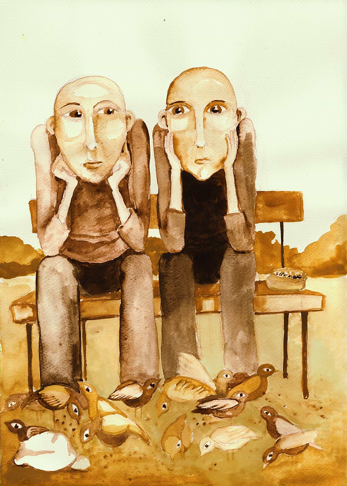 'crumbs' Two men are sitting on the bench and feeding b ...