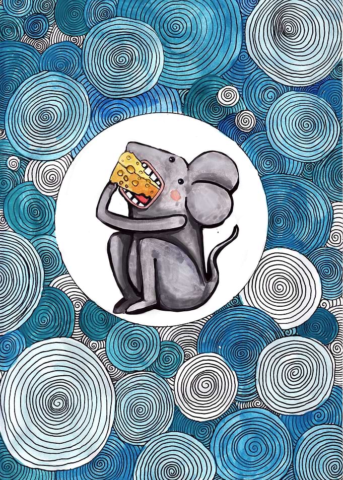 Grey little mouse is eating cheese. Outline of the draw ...