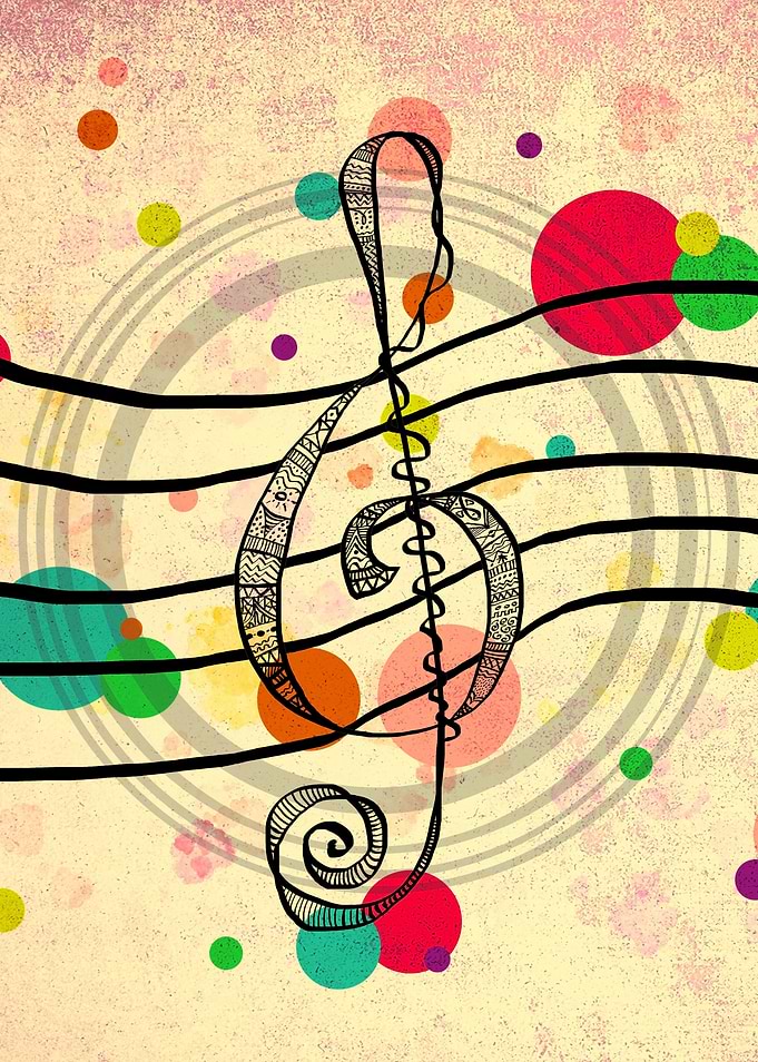 Hand drawn Treble Clef, patterned design within, multic ...
