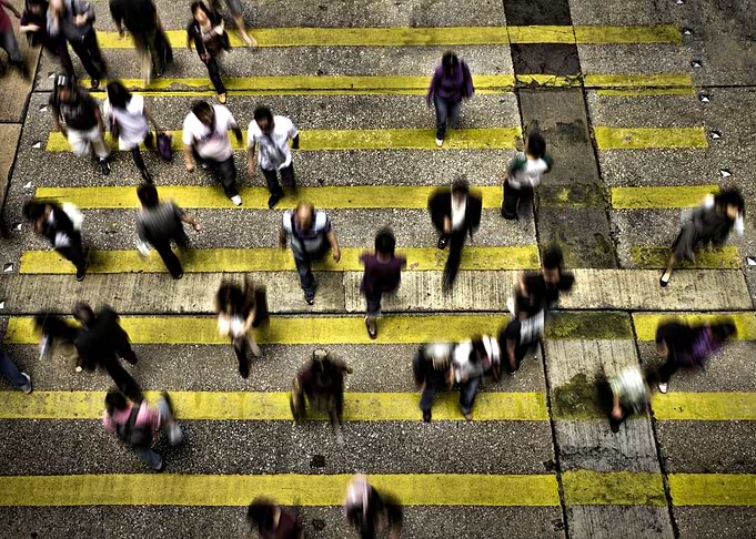 A busy pedestrian crossing in Mong Kok, Hong Kong.