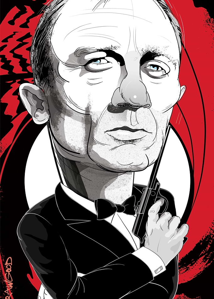 A humorous caricature of Daniel Craig as James Bond