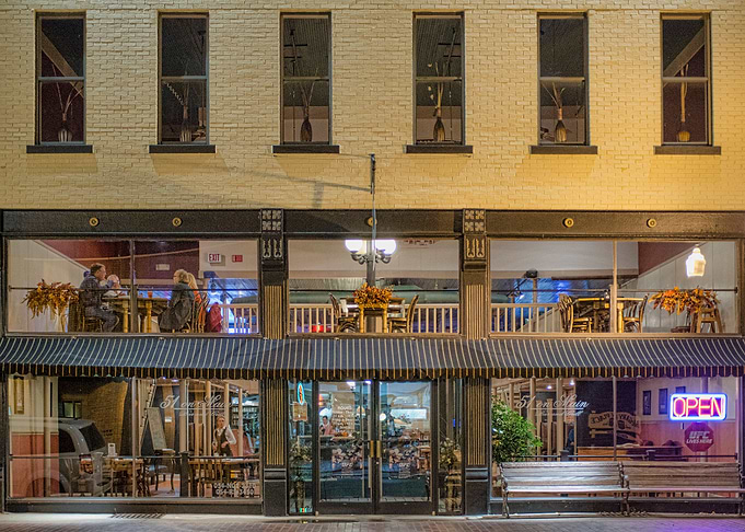 Night scene of a restaurant called 51 on Main in Downto ...